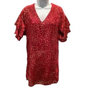 KARLIE RED LEOPARD LINED VELVET BURN OUT V NECK TUNIC TOP S NWT
